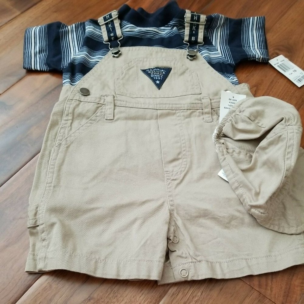 Boy's Khaki Overall Shorts with Blue Striped Shirt & Hat~ Size‎ 18 M~ Beluga~NWT